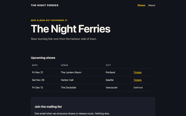 Screenshot of the Band or event template