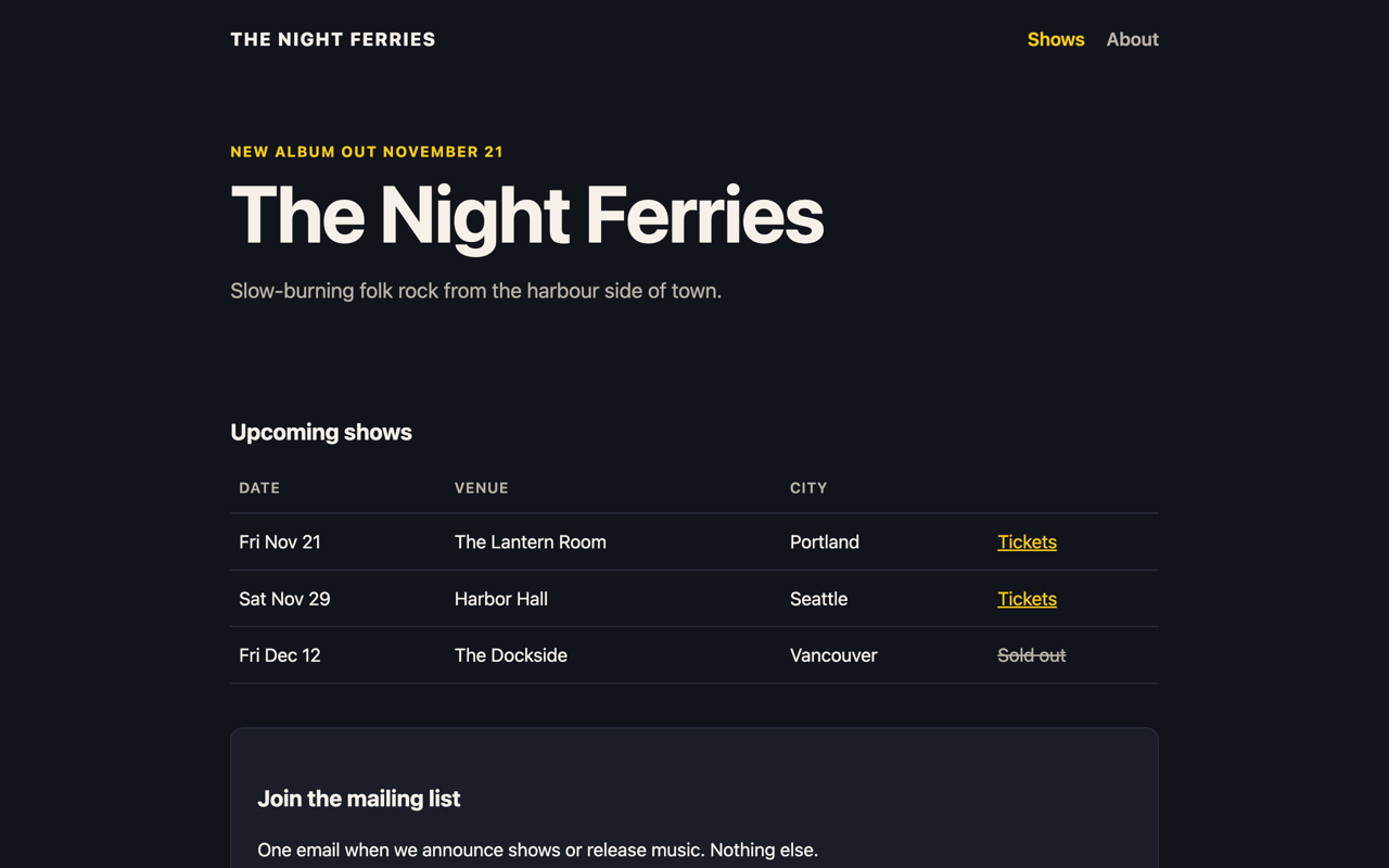 Screenshot of the Band or event template